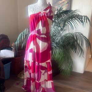 Elegant Pink and White One-Shoulder Dress